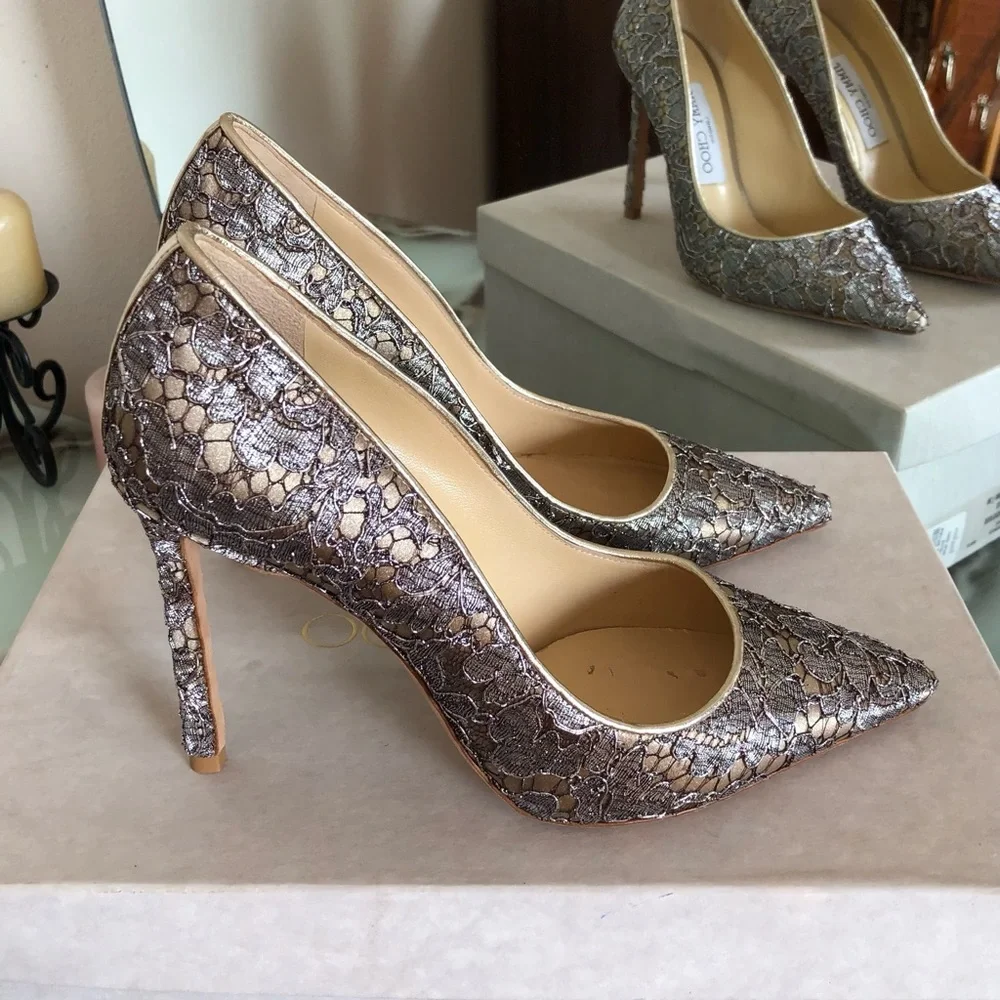 Jimmy Choo Romy 100 Satin Lace Court Shoes Stiletto Heels Women's Size 36 - Picture 2 of 14